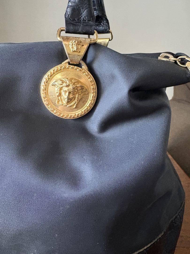 VERSACE Hand Bag Tote Purse Medusa Nylon Leather Black Authentic