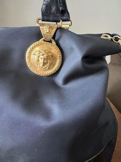 VERSACE Hand Bag Tote Purse Medusa Nylon Leather Black Authentic