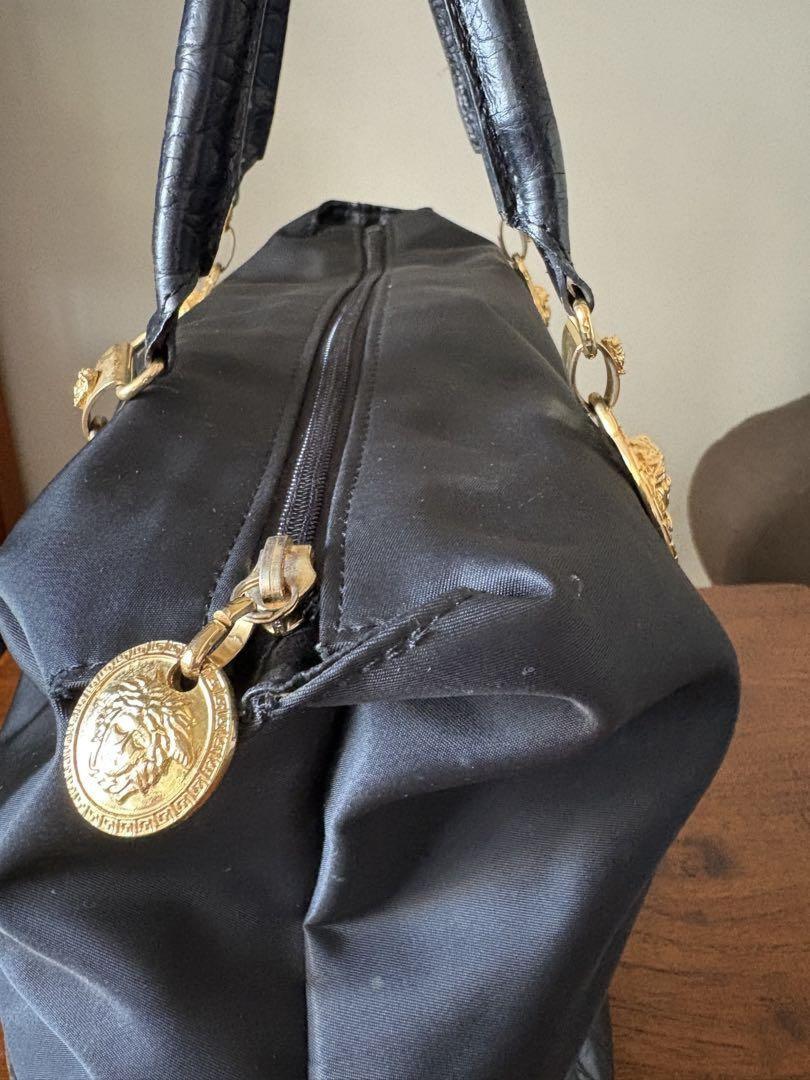 VERSACE Hand Bag Tote Purse Medusa Nylon Leather Black Authentic