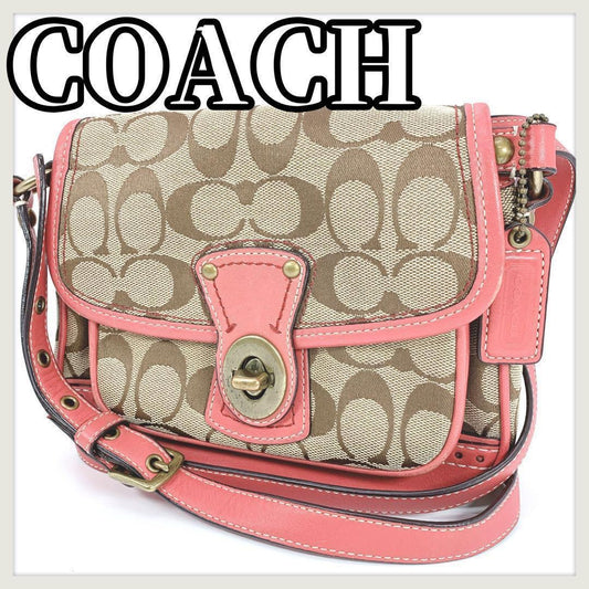 COACH Shoulder Bag Purse Signature Beige Pink Authentic