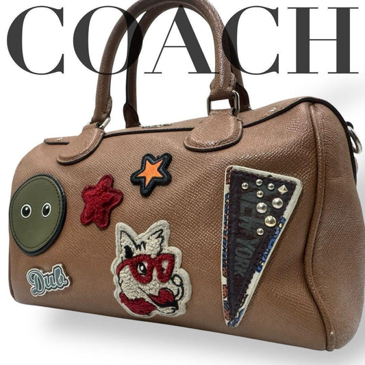COACH Hand Bag Tote Purse 2way Leather Brown Beige Authentic