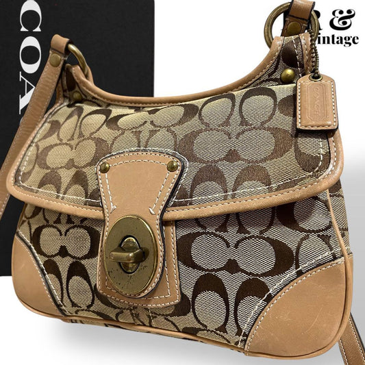 COACH Shoulder Bag Purse Turn Lock Signature Canvas Beige Authentic