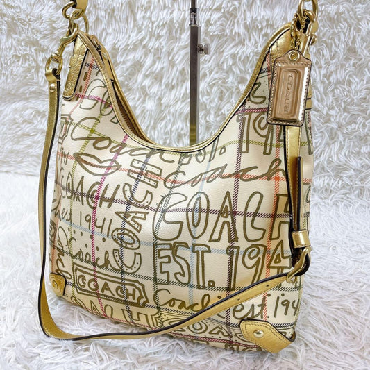 COACH Shoulder Bag Purse 2way PVC Leather Beige Multicolor Authentic