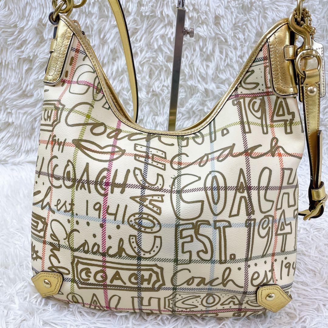 COACH Shoulder Bag Purse 2way PVC Leather Beige Multicolor Authentic