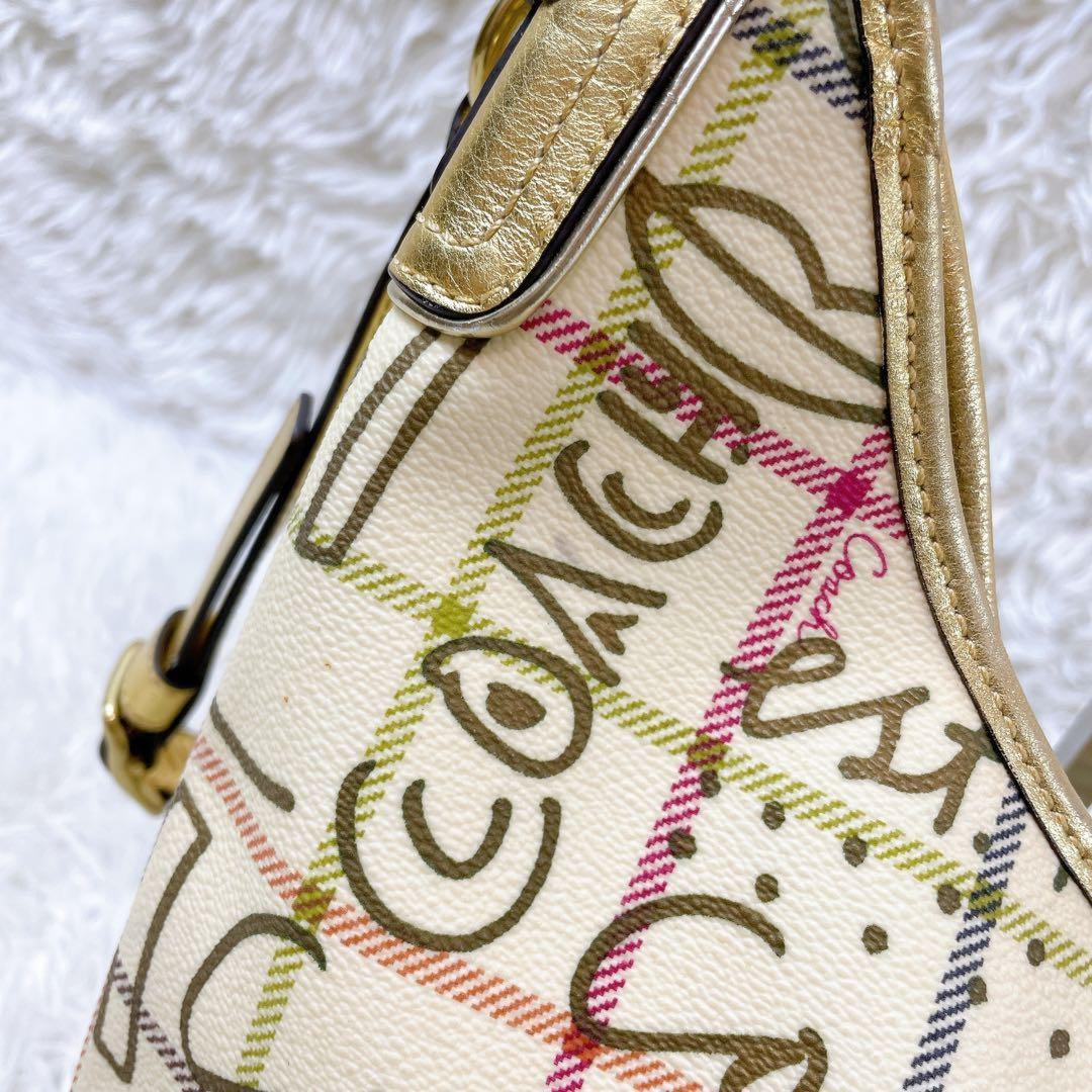COACH Shoulder Bag Purse 2way PVC Leather Beige Multicolor Authentic