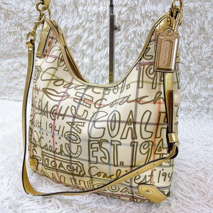 COACH Shoulder Bag Purse 2way PVC Leather Beige Multicolor Authentic