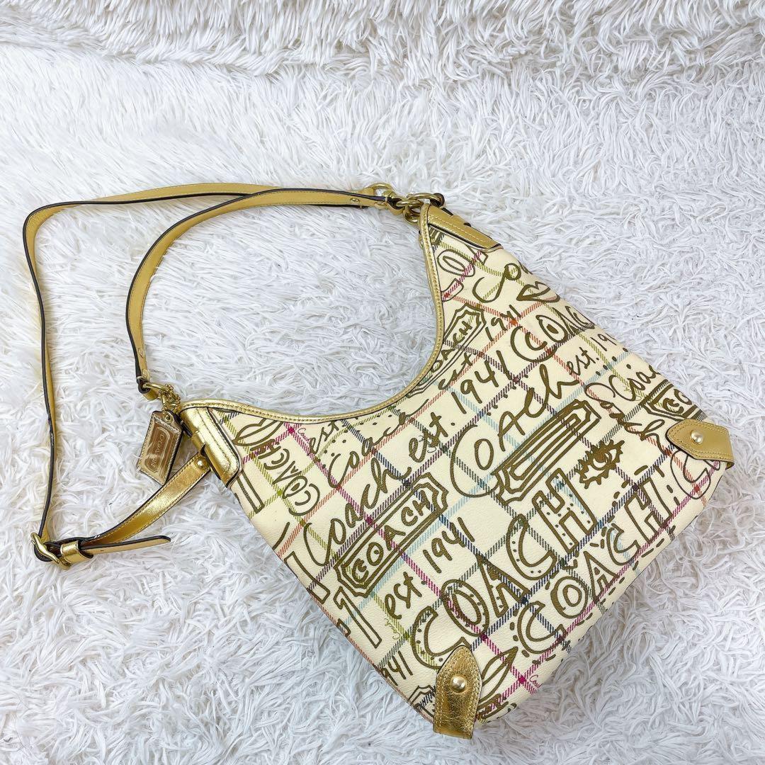 COACH Shoulder Bag Purse 2way PVC Leather Beige Multicolor Authentic