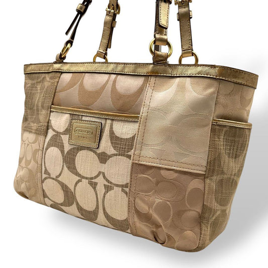 COACH Hand Bag Tote Purse Signature Denim Leather Beige Brown Gold Authentic