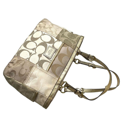 COACH Hand Bag Tote Purse Signature Denim Leather Beige Brown Gold Authentic