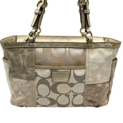 COACH Hand Bag Tote Purse Signature Denim Leather Beige Brown Gold Authentic