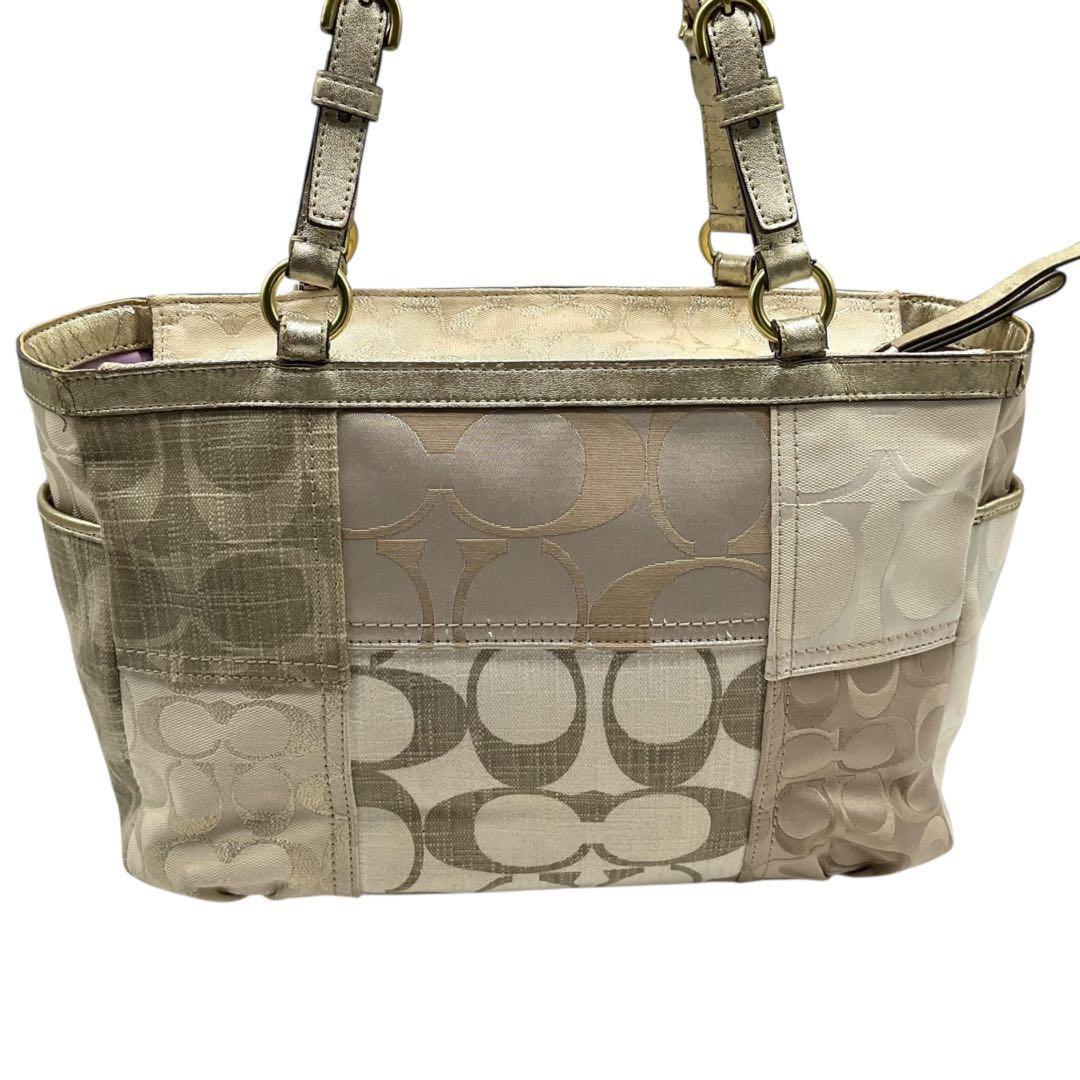 COACH Hand Bag Tote Purse Signature Denim Leather Beige Brown Gold Authentic