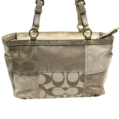 COACH Hand Bag Tote Purse Signature Denim Leather Beige Brown Gold Authentic