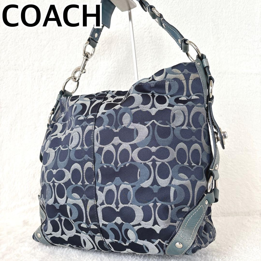 COACH Shoulder Bag Purse Signature Turn Lock Canvas Leather Navy Authentic