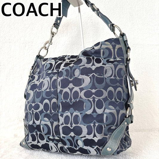 COACH Shoulder Bag Purse Signature Turn Lock Canvas Leather Navy Authentic