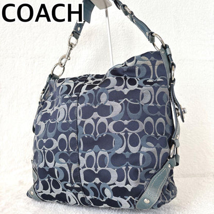 COACH Shoulder Bag Purse Signature Turn Lock Canvas Leather Navy Authentic