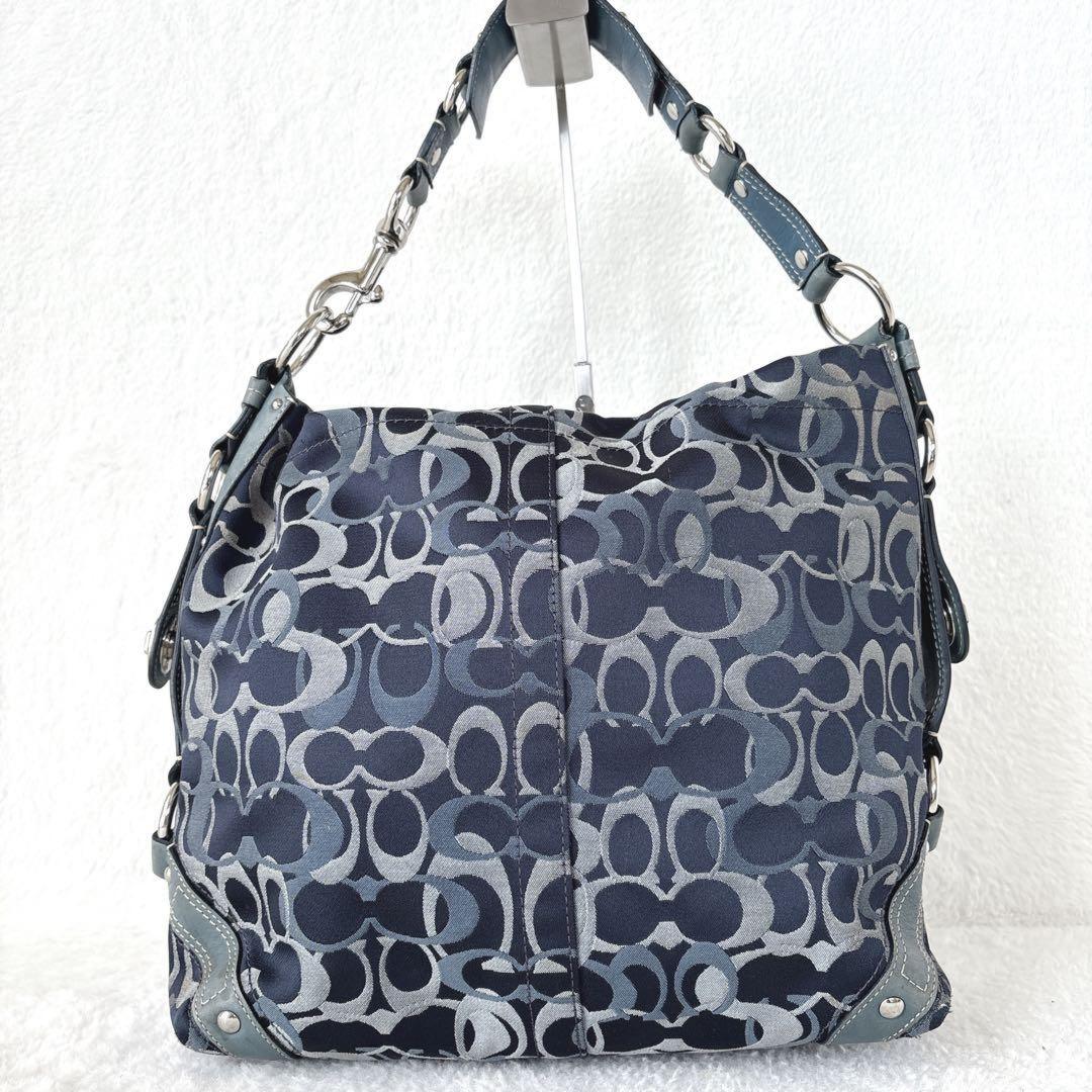 COACH Shoulder Bag Purse Signature Turn Lock Canvas Leather Navy Authentic