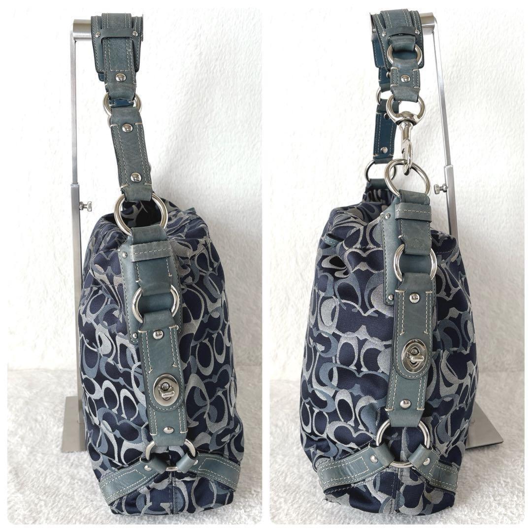 COACH Shoulder Bag Purse Signature Turn Lock Canvas Leather Navy Authentic