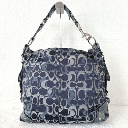 COACH Shoulder Bag Purse Signature Turn Lock Canvas Leather Navy Authentic