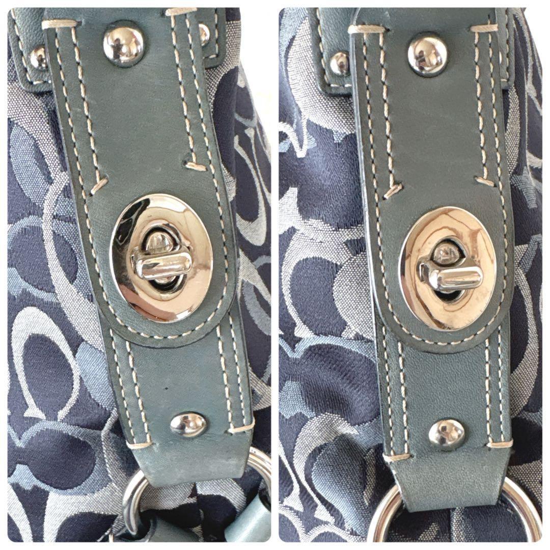 COACH Shoulder Bag Purse Signature Turn Lock Canvas Leather Navy Authentic