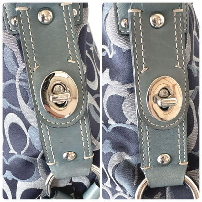 COACH Shoulder Bag Purse Signature Turn Lock Canvas Leather Navy Authentic