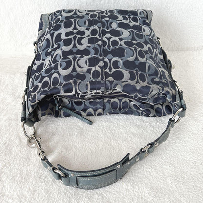 COACH Shoulder Bag Purse Signature Turn Lock Canvas Leather Navy Authentic