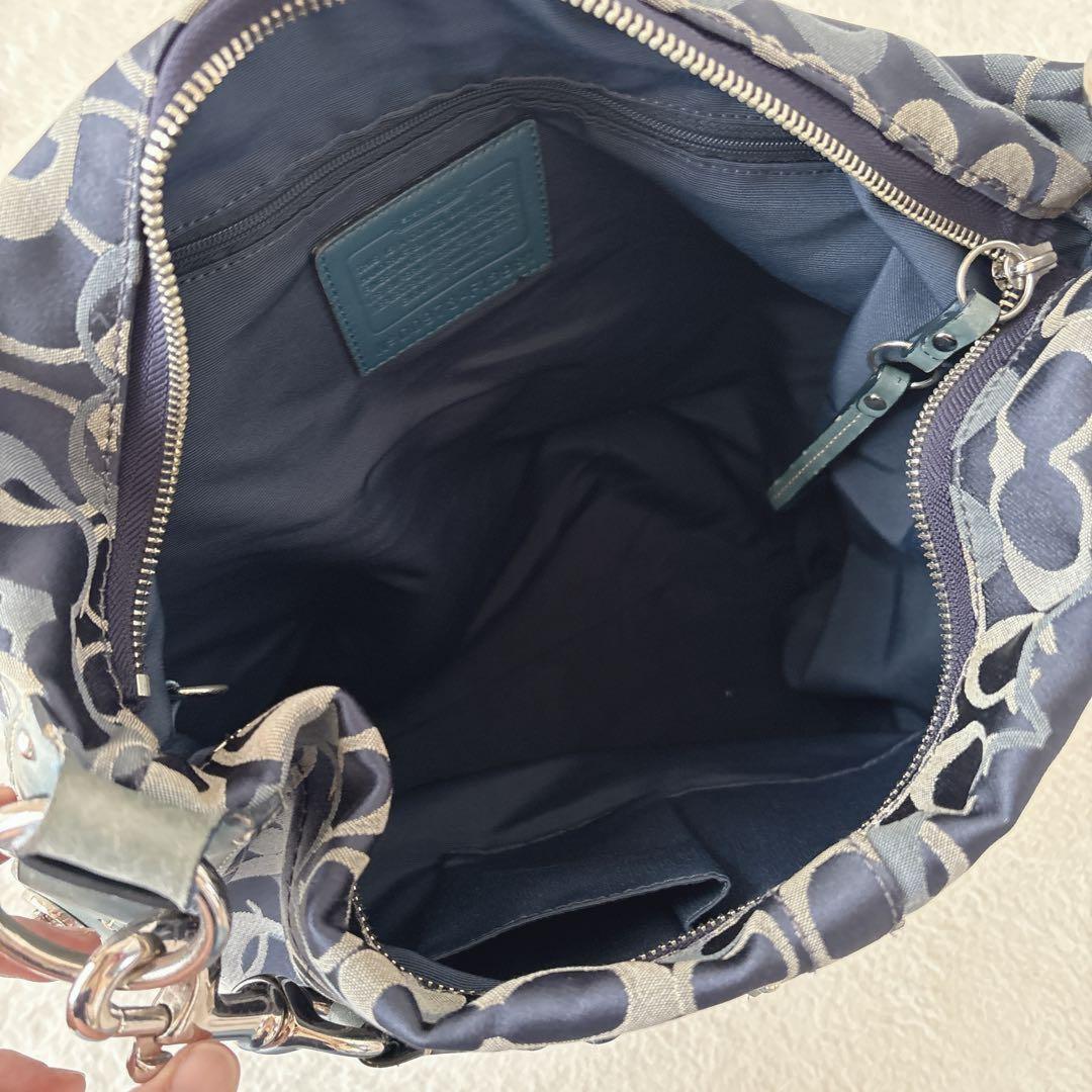 COACH Shoulder Bag Purse Signature Turn Lock Canvas Leather Navy Authentic