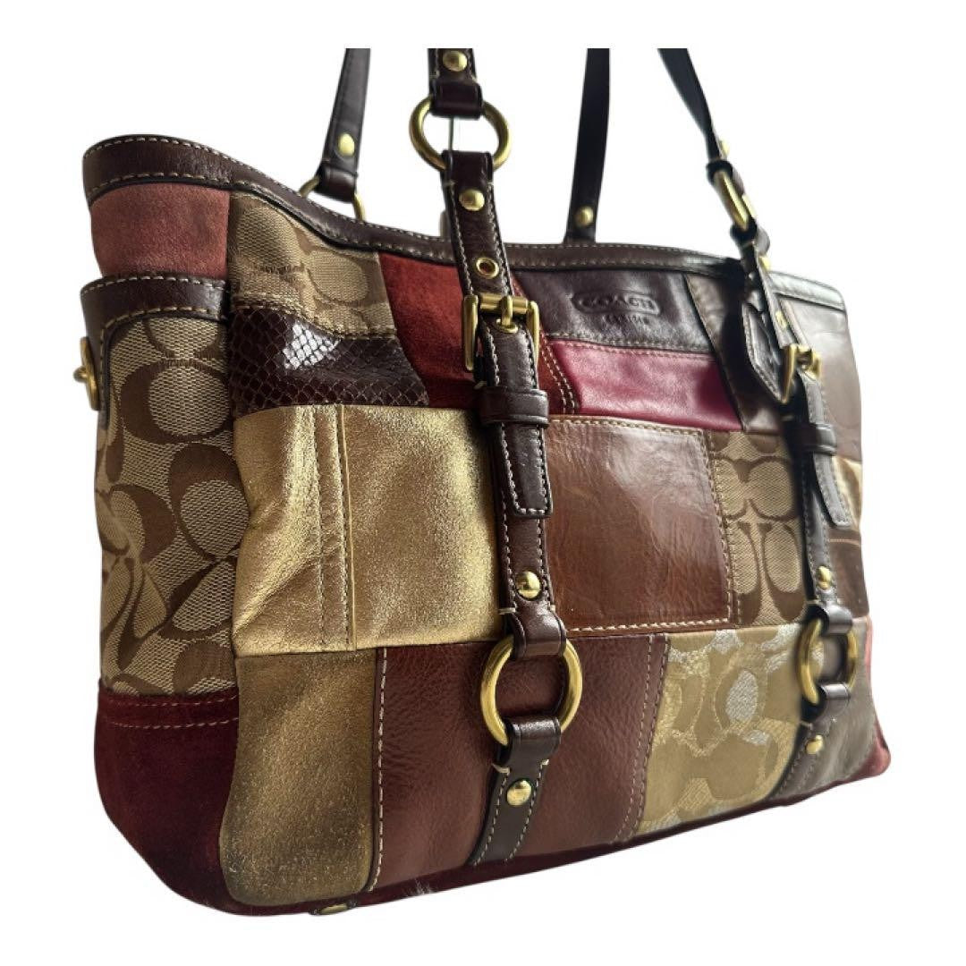 COACH Hand Bag Tote Purse Signature Patchwork Canvas Leather Multicolor Auth
