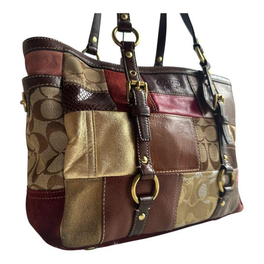 COACH Hand Bag Tote Purse Signature Patchwork Canvas Leather Multicolor Auth