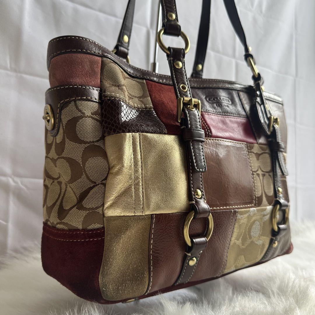 COACH Hand Bag Tote Purse Signature Patchwork Canvas Leather Multicolor Auth
