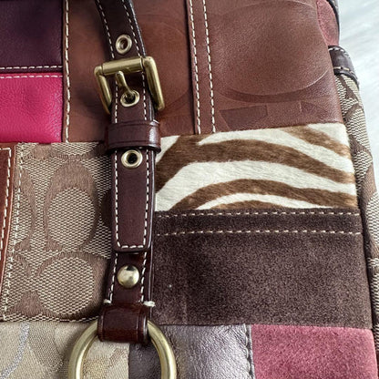 COACH Hand Bag Tote Purse Signature Patchwork Canvas Leather Multicolor Auth