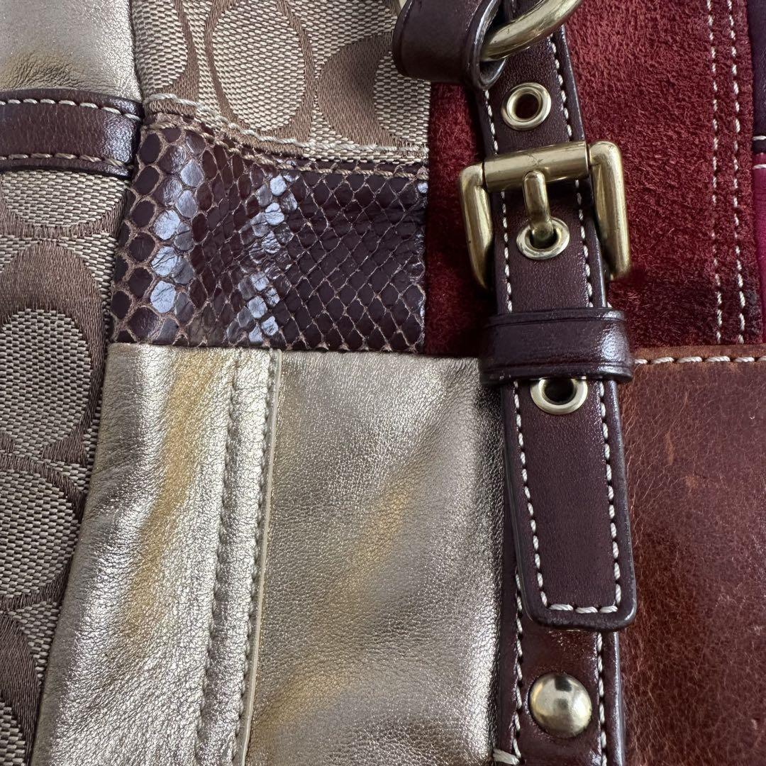 COACH Hand Bag Tote Purse Signature Patchwork Canvas Leather Multicolor Auth