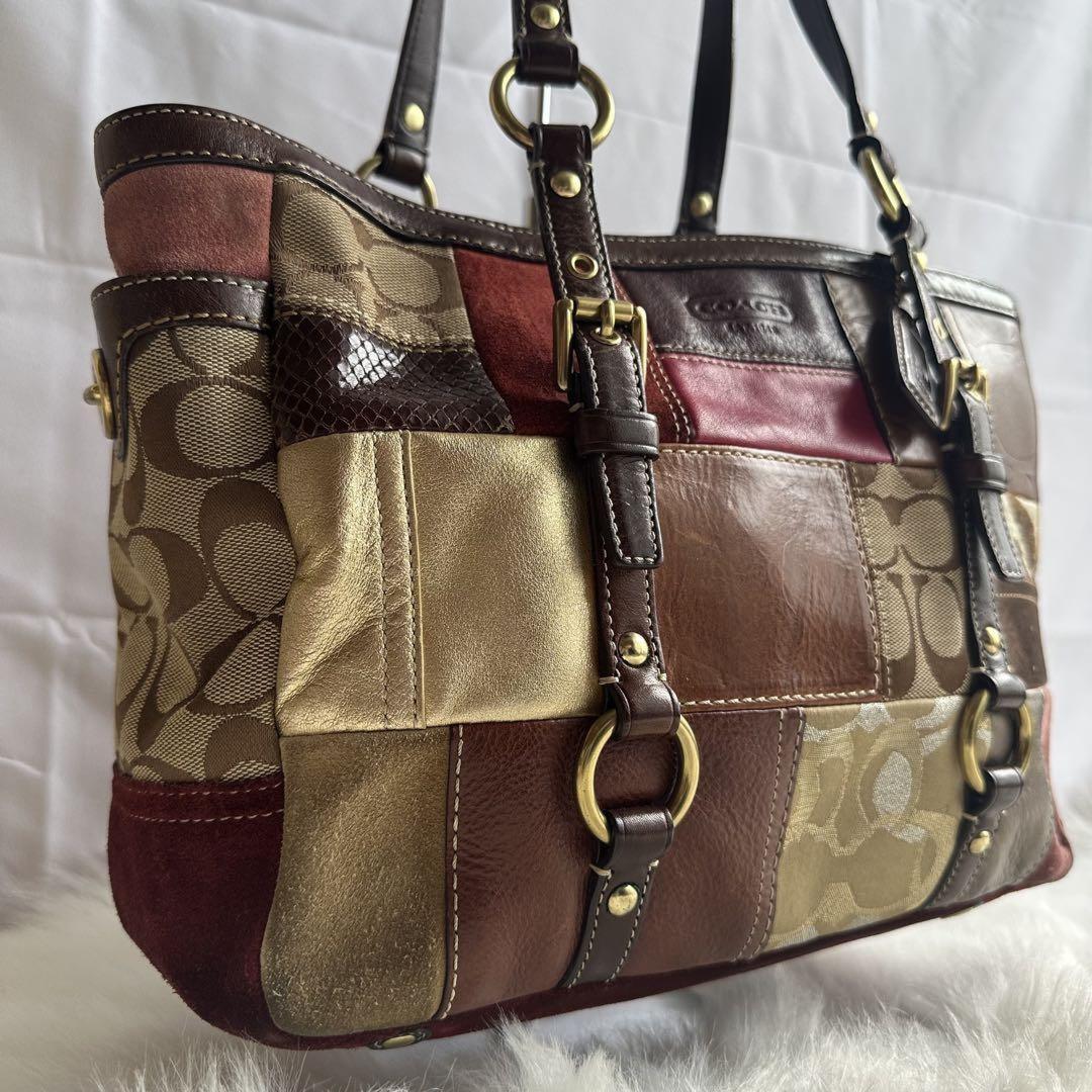 COACH Hand Bag Tote Purse Signature Patchwork Canvas Leather Multicolor Auth