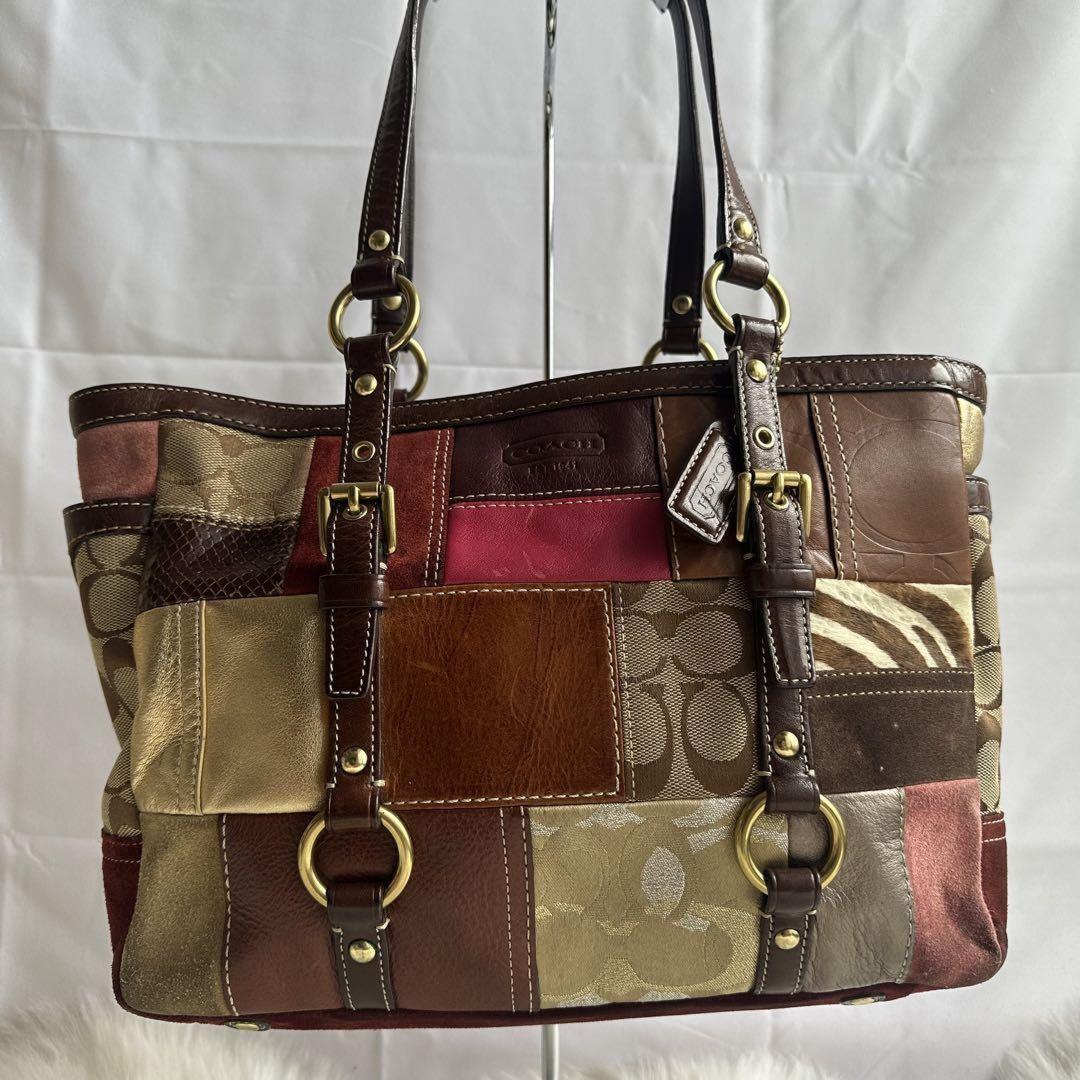 COACH Hand Bag Tote Purse Signature Patchwork Canvas Leather Multicolor Auth