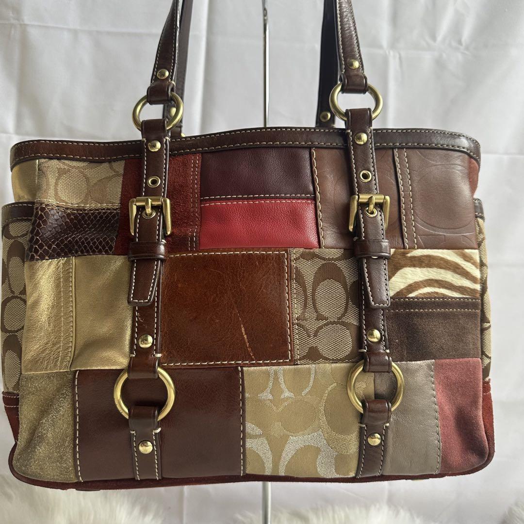 COACH Hand Bag Tote Purse Signature Patchwork Canvas Leather Multicolor Auth