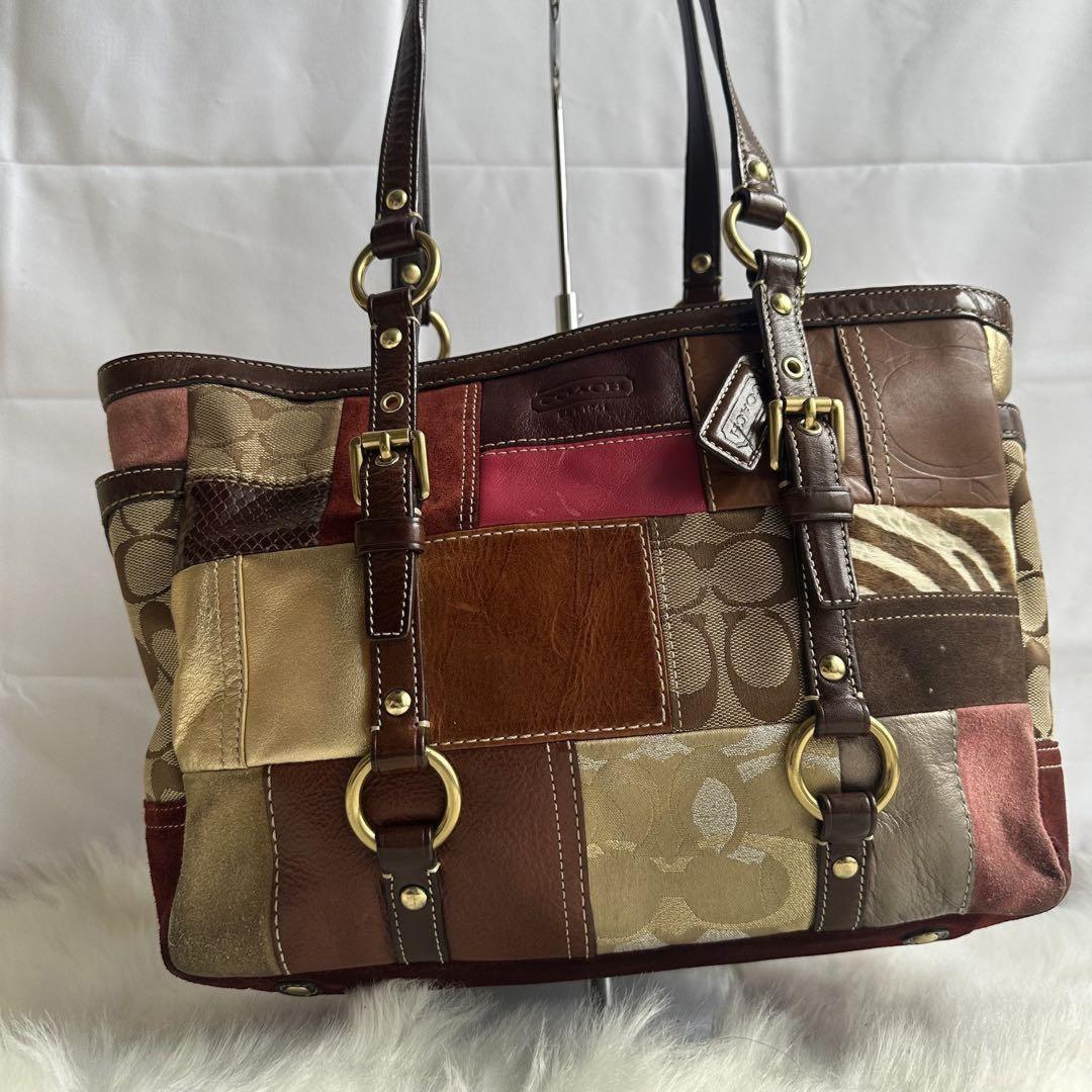 COACH Hand Bag Tote Purse Signature Patchwork Canvas Leather Multicolor Auth