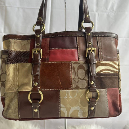 COACH Hand Bag Tote Purse Signature Patchwork Canvas Leather Multicolor Auth