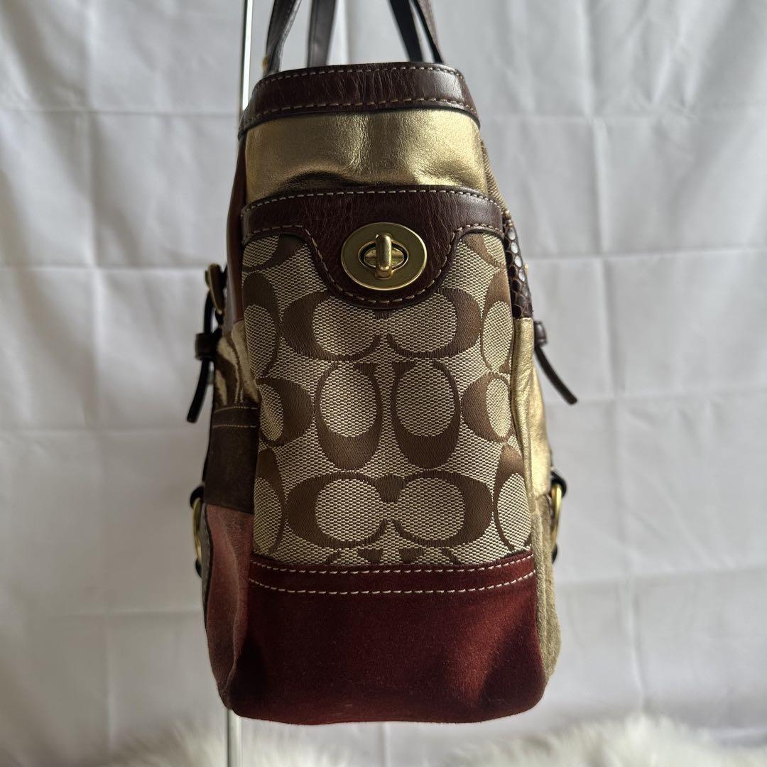 COACH Hand Bag Tote Purse Signature Patchwork Canvas Leather Multicolor Auth