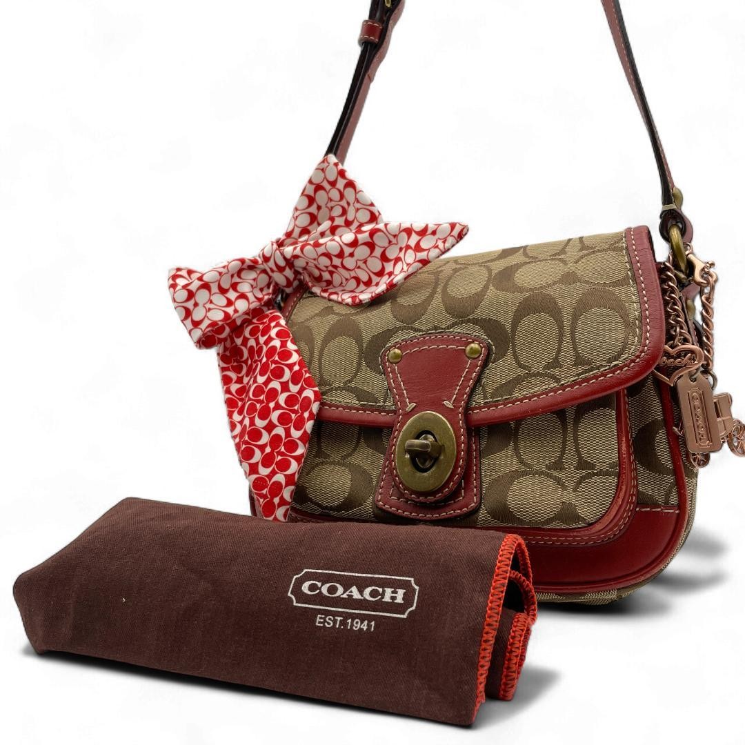 COACH Shoulder Bag Purse Signature Turn Lock 10566 Canvas Beige Authentic