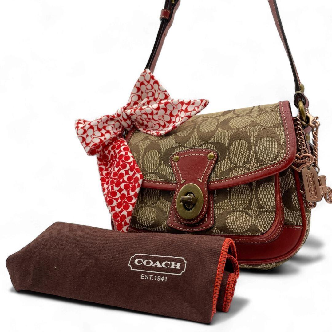 COACH Shoulder Bag Purse Signature Turn Lock 10566 Canvas Beige Authentic