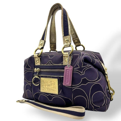 COACH Hand Shoulder Bag Tote Purse 2way Poppy Canvas Leather Purple Authentic