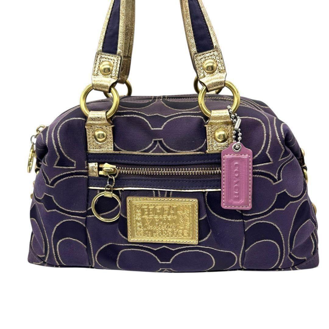 COACH Hand Shoulder Bag Tote Purse 2way Poppy Canvas Leather Purple Authentic