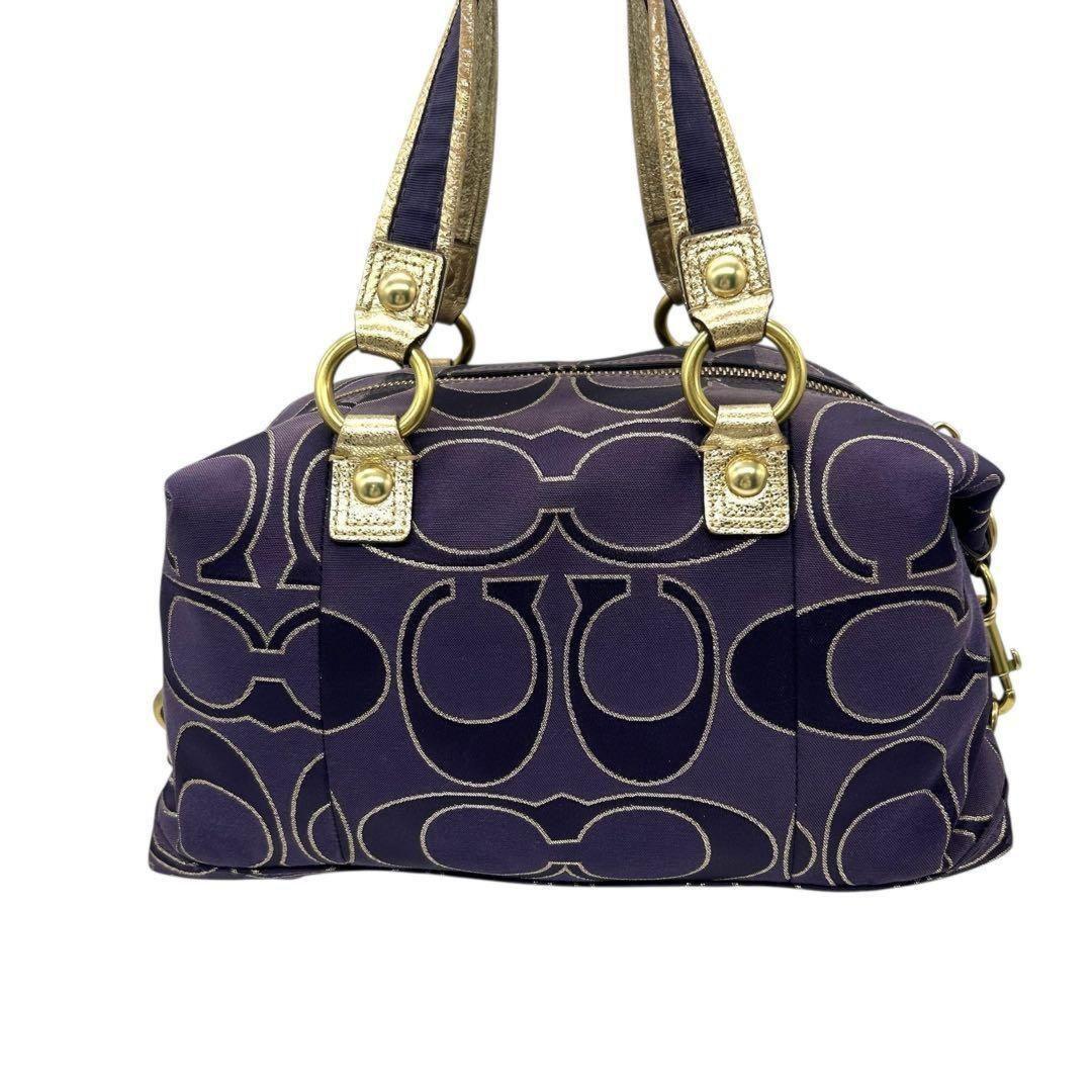 COACH Hand Shoulder Bag Tote Purse 2way Poppy Canvas Leather Purple Authentic