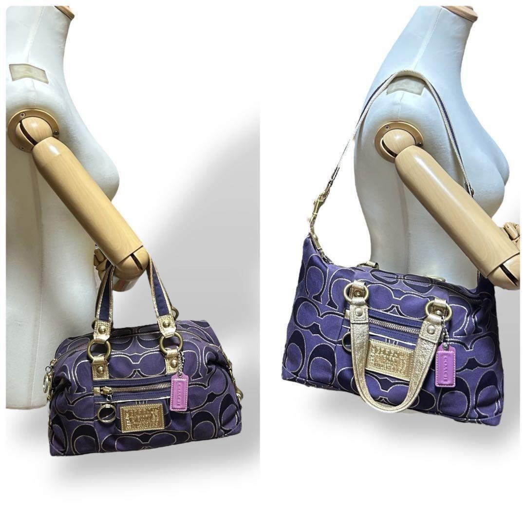 COACH Hand Shoulder Bag Tote Purse 2way Poppy Canvas Leather Purple Authentic