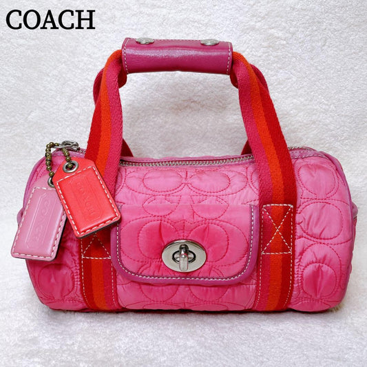 COACH Hand Bag Tote Purse Turn Lock Signature Nylon Suede Pink Red Authentic