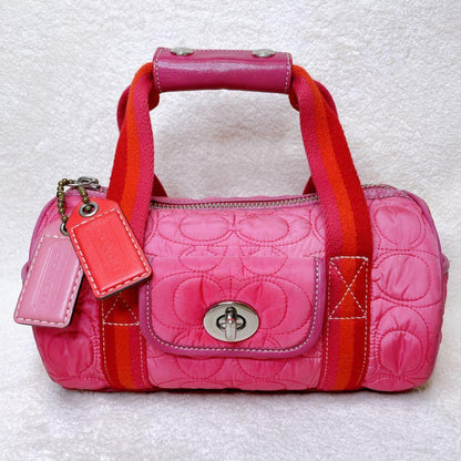 COACH Hand Bag Tote Purse Turn Lock Signature Nylon Suede Pink Red Authentic