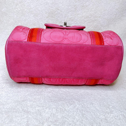 COACH Hand Bag Tote Purse Turn Lock Signature Nylon Suede Pink Red Authentic