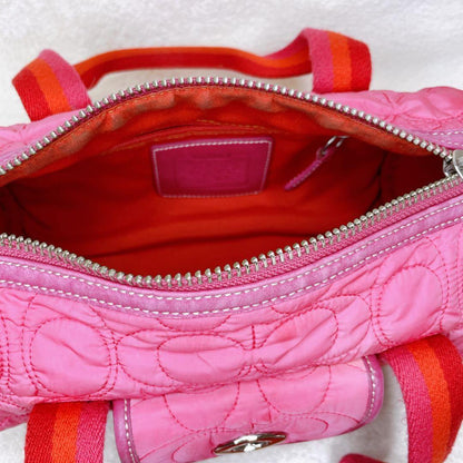COACH Hand Bag Tote Purse Turn Lock Signature Nylon Suede Pink Red Authentic