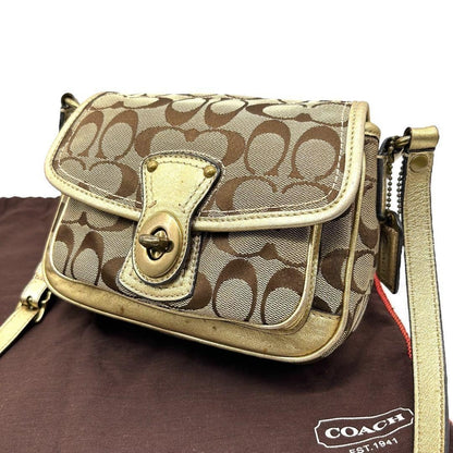 COACH Shoulder Bag Purse Turn Lock Signature Canvas Leather Gold Beige Authentic