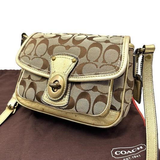 COACH Shoulder Bag Purse Turn Lock Signature Canvas Leather Gold Beige Authentic