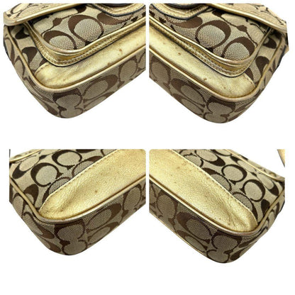 COACH Shoulder Bag Purse Turn Lock Signature Canvas Leather Gold Beige Authentic